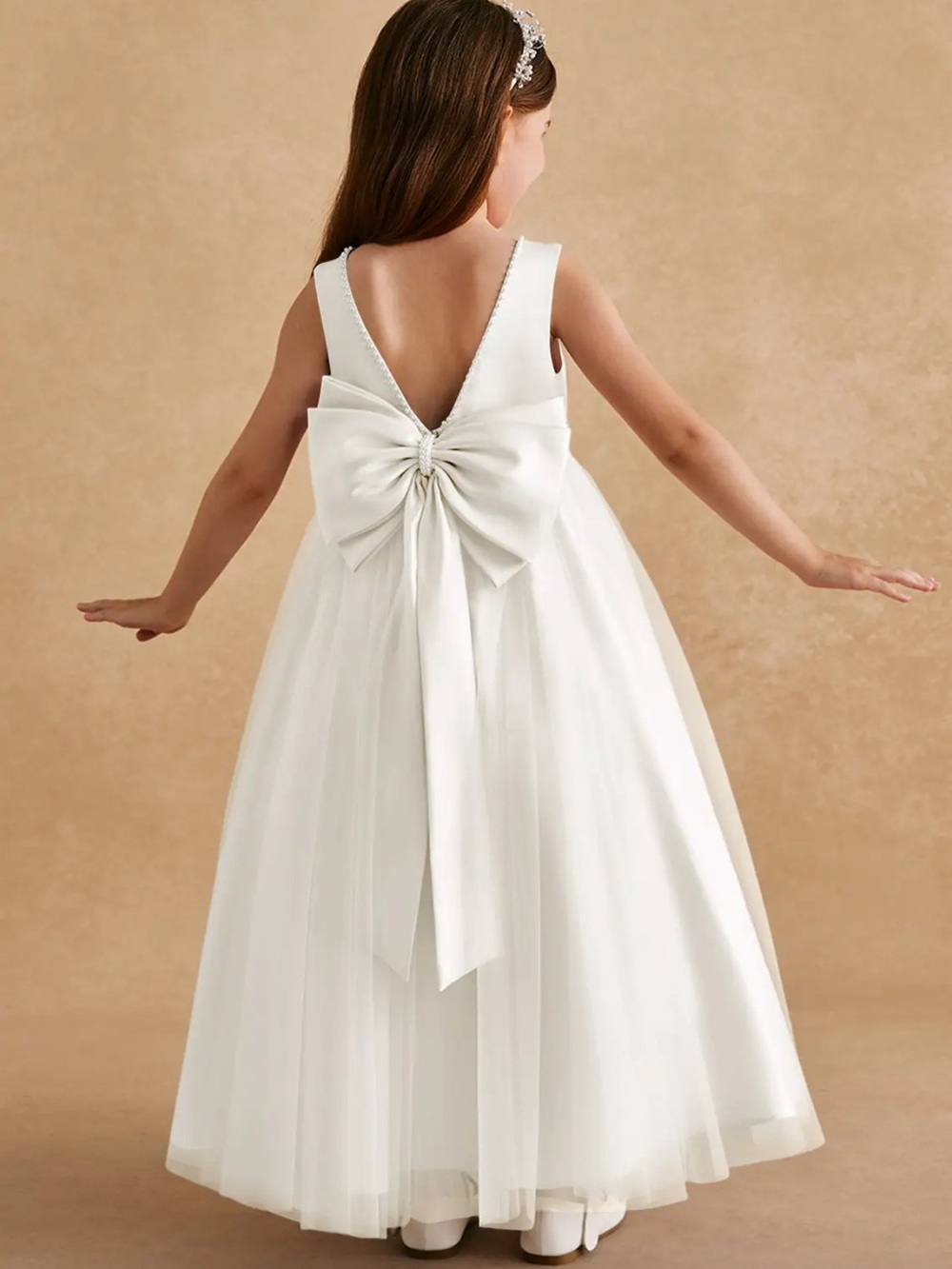 Elegant Ivory Flower Girl Dress with Large Detachable Bow